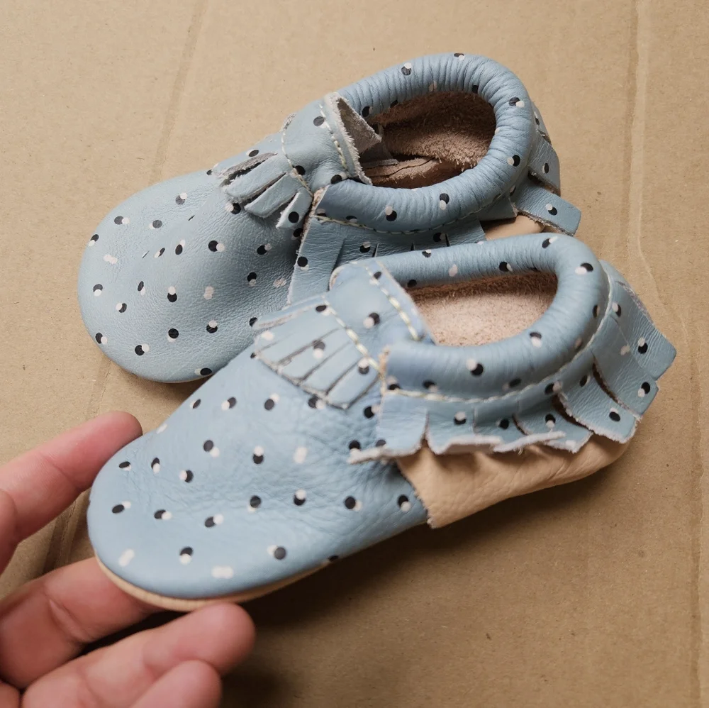 Freshly Picked 5 Baby Boy Girl Sky Blue Mocassins Leather Polka Dot Pattern Shoe